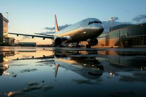 Parked aircraft by the jetway, mirrored in a puddle's shimmering reflection AI Generated photo