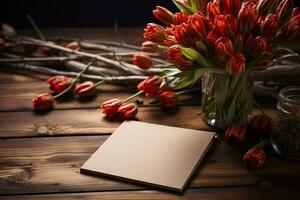 de madera mesa adornado con tulipanes y un práctico bloc ai generado foto