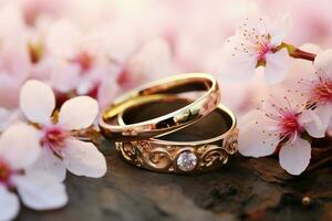 Wedding rings nestled amidst spring blossoms, a symbol of eternal love AI Generated photo