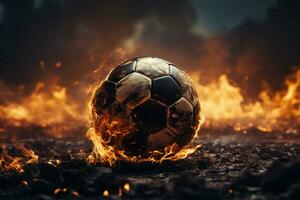 Mystical ambiance, soccer ball on smoky field, providing space for versatile compositions AI Generated photo