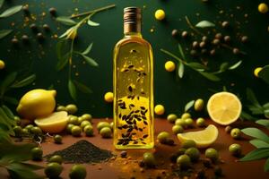Vibrant yellow backdrop complements a bottle of olive oil with aromatic spices AI Generated photo