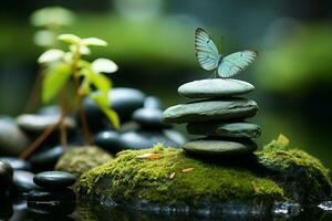 Tranquil zen garden hosts a butterfly amidst the spas massage stones  AI Generated photo