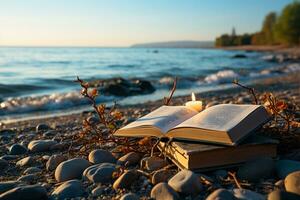 Seaside serenity Reading amid books and seascape, a tranquil summer escape  AI Generated photo