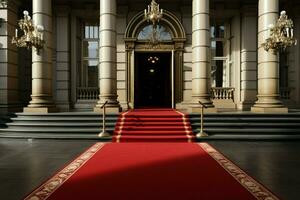 Symbol of luxury A opulent hotel entrance adorned with a crimson carpet AI Generated photo