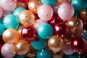 globos crear un alegre fondo, Perfecto para un jubiloso cumpleaños ocasión ai generado foto