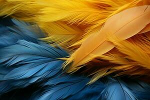 Intimate view of a vivid blue and yellow feather, nature's harmonious color palette AI Generated photo