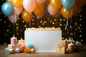 Celebrate a child's birthday with this card showcasing balloons, cake, candles, and gifts AI Generated photo