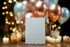 White tabletop above blurred balloons AI Generated photo