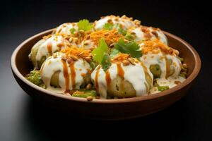 chaat clásico dahi vada bhalla, originario desde sur Asia, un popular picante tratar ai generado foto