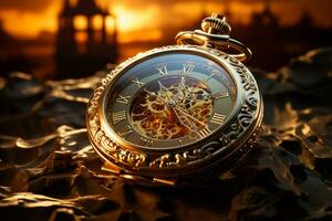 The sands of time embrace an antique pocket watch, a relic  AI Generated photo