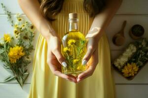 Graceful hands hold an oil bottle amidst ingredients on a white wooden backdrop AI Generated photo