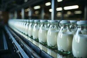 lechería plantas eficiente transportador manejas el fluir de Leche botellas ai generado foto