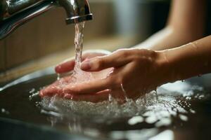 Close up Unidentified woman initiates hygiene, washing her hands diligently in the bathroom AI Generated photo