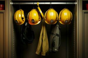 Frontal closet view Hard hat and headphones hanging harmoniously side by side. AI Generated photo