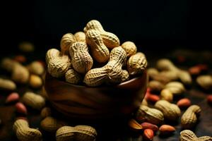 Nutty allure Selective focus captures peanuts against a dark backdrop, inviting texture AI Generated photo