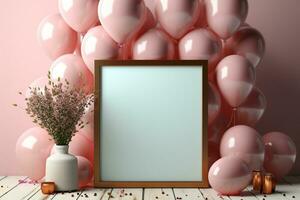 Topdown view pastel pink table, balloonframed frame, confetti perfect birthday flat lay AI Generated photo