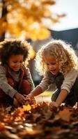 Children playing with fall leaves outside photo