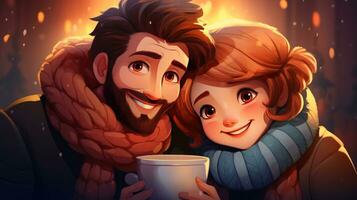 Happy family drinking hot chocolate in winter photo