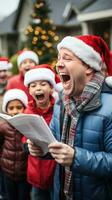 Cheerful group caroling in the neighborhood photo