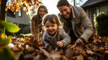 Family playing in leaves in backyard photo