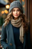 joven mujer en elegante invierno atuendo foto