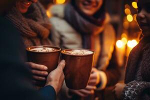 Happy family drinking hot chocolate in winter photo