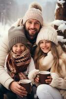 Happy family drinking hot chocolate in winter photo