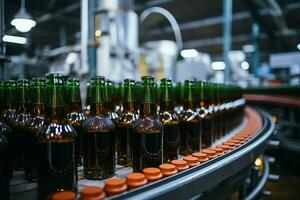 Shallow DOF captures conveyors beer bottles, emphasizing precision in selective focus AI Generated photo