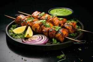 Spice infused delight Indian chicken tikka kebabs, marinated, roasted, with green chutney and onions AI Generated photo