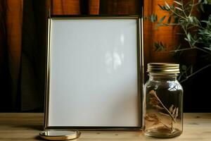 Clear glass container paired with a blank picture frame, a story untold AI Generated photo
