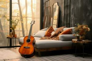 Cozy modernity defines the living room, where a guitar adds character. AI Generated photo