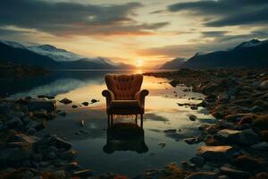 A picturesque moment chair immersed in still water, mirroring sunset and hills  AI Generated photo