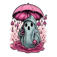 little pink ghost with umbrella in autumn rain kawaii art for halloween photo