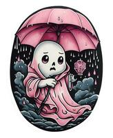 little pink ghost with umbrella in autumn rain kawaii art for halloween photo