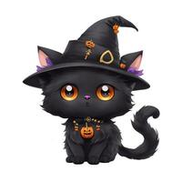 cute black cat in witch hat and pumpkin graphics for halloween on white background photo