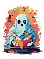 kawaii white ghost reading books artwork for halloween photo