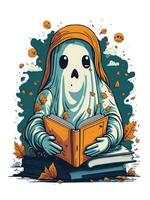 kawaii white ghost reading books artwork for halloween photo