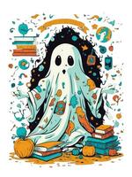 kawaii white ghost reading books artwork for halloween photo