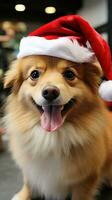 Happy dog posing in a Santa hat with his owner photo