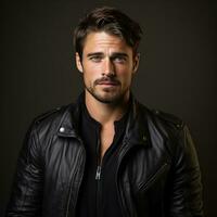 Handsome man in black leather jacket photo