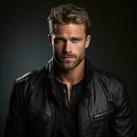 Handsome man in black leather jacket photo