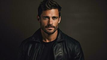 Handsome man in black leather jacket photo