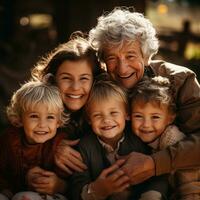 Grandparents hugging their grandchildren tightly photo