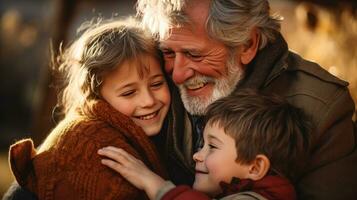 Grandparents hugging their grandchildren tightly photo
