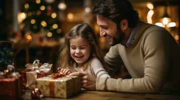 Joyful family with Christmas presents and decorations photo