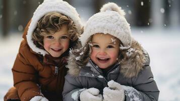 juguetón hermanos teniendo divertido en el nieve foto