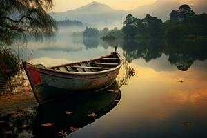 Tranquil Fisherman boat lake. Generate Ai photo