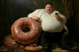Indulgent Fat man holding big donut. Generate Ai photo