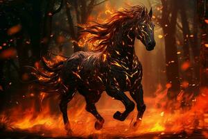 Blazing Fire horse in night forest. Fog fantasy night photo