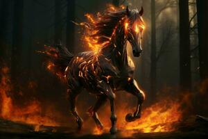 Mystical Fire horse in night forest. Fog fantasy night photo